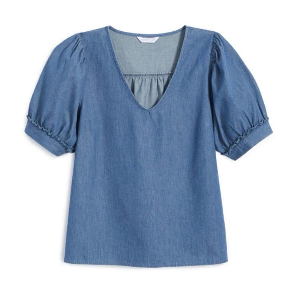 DRAPER JAMES Puff Sleeve V-neck Top in Chambray, size S